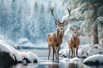 Naklejka na ściany i meble two deer standing in the snow on the lake covered landscape, in the style of mysterious backdrops