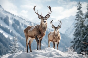 two deer standing in the snow on mointains covered landscape, in the style of mysterious backdrops