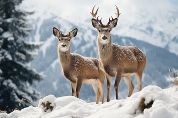 Obraz premium two deer standing in the snow on mointains covered landscape, in the style of mysterious backdrops