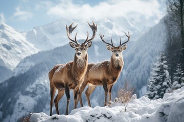 Fototapeta premium two deer standing in the snow on mointains covered landscape, in the style of mysterious backdrops