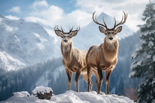 two deer standing in the snow on mointains covered landscape, in the style of mysterious backdrops
