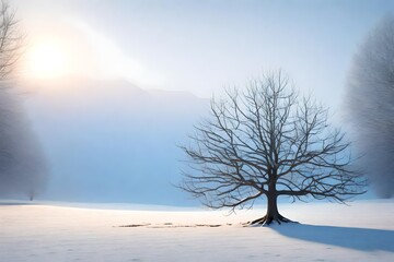 A photorealistic 3D rendering of a winter tree standing alone in a field at dawn, similar to the reference image. 