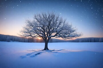 A photorealistic 3D rendering of a winter tree standing alone in a field at dawn, similar to the reference image.