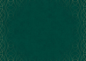 Dark cold green textured paper with vignette of golden hand-drawn pattern. Copy space. Digital artwork, A4. (pattern: p10-1c)