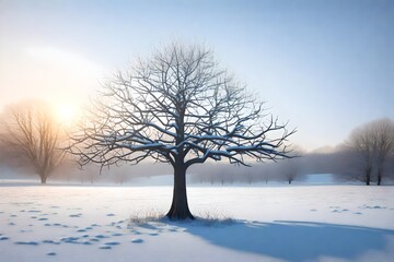 A photorealistic 3D rendering of a winter tree standing alone in a field at dawn, similar to the reference image. 