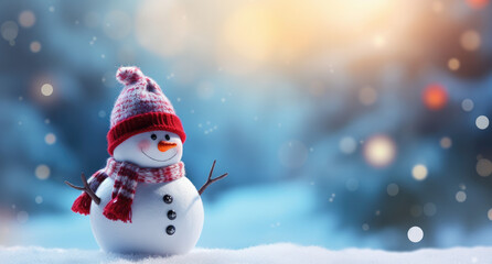 Snowman on the snow with copy space. Christmas card.