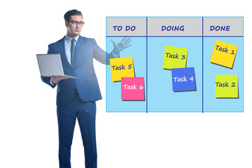 Businessman working on kanban board with tasks