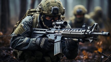 Military sniper with a weapon with a scope. Experienced military man on a mission or special operation. Dangerous task. Concept: war and military personnel - obrazy, fototapety, plakaty