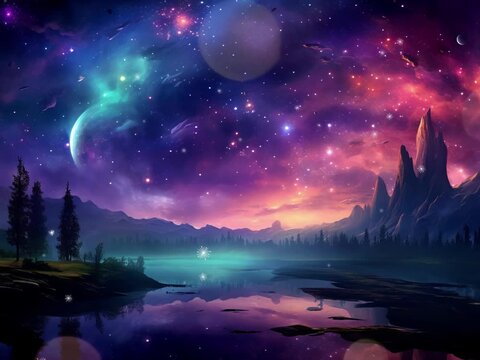 Space view with sky and stars, loop video, anime style landscape, starry night. Background for business and advertising.
