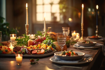Fototapeta premium Elegant table setting with candles in restaurant. Selective focus. Romantic dinner setting with candles on table in restaurant. 