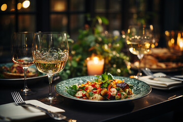 Elegant table setting with candles in restaurant. Selective focus. Romantic dinner setting with candles on table in restaurant.
