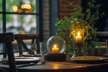 Elegant table setting with candles in restaurant. Selective focus. Romantic dinner setting with candles on table in restaurant. 