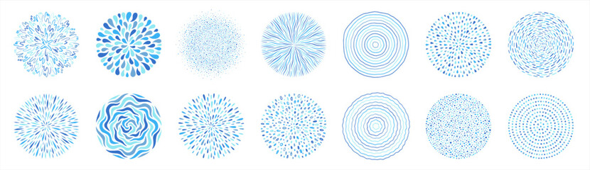 Round shapes, graphic elements big collection, set. Frame templates, text backgrounds made of uneven dots, hand drawn stripes, splashes, water drops, concentric circles, squiggles, blobs, wavy lines.
