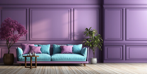 Living room home interior background. Empty Violet wall mock up