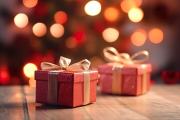 Obraz premium Red christmas gift boxes and golden ribbon, blurred christmas tree background
