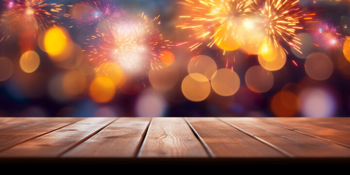 Empty wooden table, fireworks background. Space for product, advertising or brand