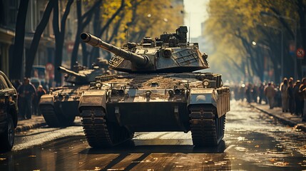 Tank on a military mission. The barrel of a tank. Infantrymen and tankers among the city and steppe. Dangerous military work. Concept: modern military transport. - obrazy, fototapety, plakaty