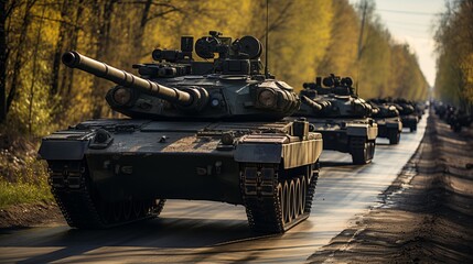 Tank on a military mission. The barrel of a tank. Infantrymen and tankers among the city and steppe. Dangerous military work. Concept: modern military transport.