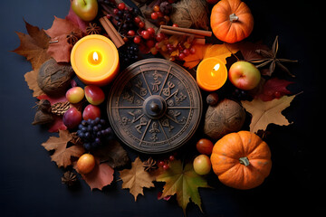 Wiccan altar for Mabon sabbat. fruits, pumpkins, candle, nuts and wheel of the year on abstract dark background. Witchcraft, esoteric spiritual ritual for fall season. symbol of Harvest. top view - obrazy, fototapety, plakaty
