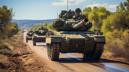 Fototapeta premium Tank on a military mission. The barrel of a tank. Infantrymen and tankers among the city and steppe. Dangerous military work. Concept: modern military transport.
