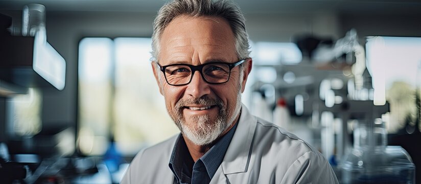 Scientific team with a male scientist in uniform and a smiling female scientist in lab With copyspace for text