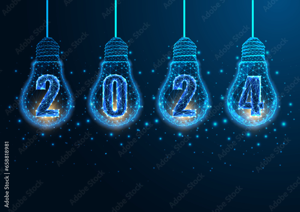 Wall mural futuristic happy 2024 new year hi tech banner with illuminated low polygonal lightbulbs and digits