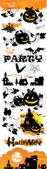 Vector set black holiday silhouettes with the inscription Halloween, Party. Funny and scary pumpkins, bats, ghosts, Halloween calligraphy, letters, spider, haunted house, witch house