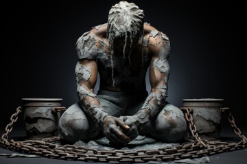 Slavery, forced use of work against persons will. A global problem. Theft. Chains. Forced ownership. Felony criminal. Captive, human trafficking, serfdom, credit, forced marriage. Shackles on hands. - obrazy, fototapety, plakaty