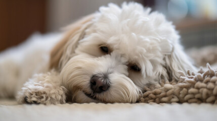 Maltese sleeping on a carpet