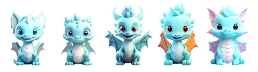 Set of cute little azure dragon creative minimal 3d style isolated white background, remove background