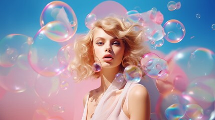 Obraz na płótnie Canvas Close up portrait of a blonde model, girl with iridescent shiny soap bubbles floating and flying around. Pastel colors, pink, peach fuzz, blue. Concept of lightness, beauty, skin care, joy, elegance