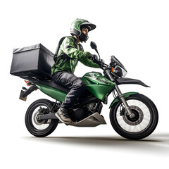 Riding a motorbike with a food delivery bag attached, perfect for showcasing your business and delivery services.
