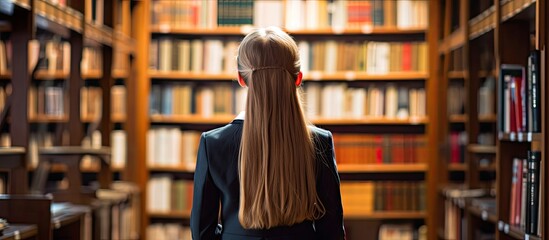 Girl in formal school uniform selecting book from library shelf With copyspace for text