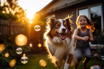 Happy little girl with pigtails, delightfully chasing bubbles with her energetic Border Collie
