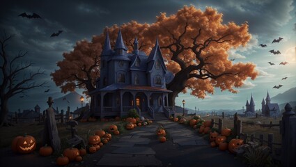 Obraz premium halloween night in the forest house - ia generativa