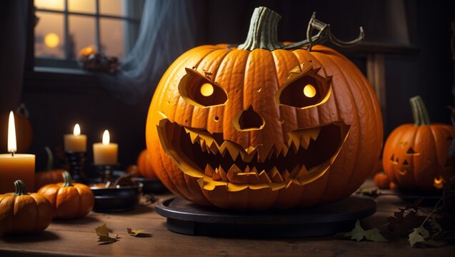 Halloween background with pumpkins and haunted house - 3D render. Halloween background with Evil Pumpkin. Spooky scary dark Night forrest. Holiday event halloween - ia generativa