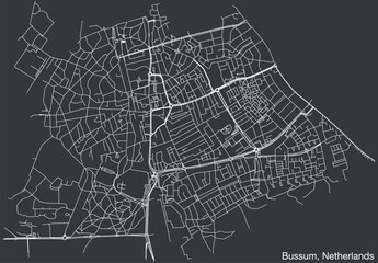 Detailed hand-drawn navigational urban street roads map of the Dutch city of BUSSUM, NETHERLANDS with solid road lines and name tag on vintage background