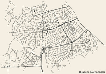 Fototapeta na wymiar Detailed hand-drawn navigational urban street roads map of the Dutch city of BUSSUM, NETHERLANDS with solid road lines and name tag on vintage background