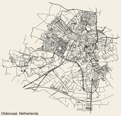 Detailed hand-drawn navigational urban street roads map of the Dutch city of OLDENZAAL, NETHERLANDS with solid road lines and name tag on vintage background