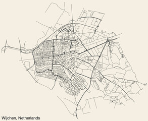 Detailed hand-drawn navigational urban street roads map of the Dutch city of WIJCHEN, NETHERLANDS with solid road lines and name tag on vintage background