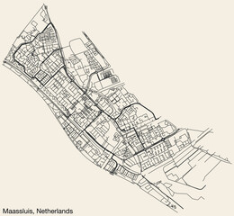 Detailed hand-drawn navigational urban street roads map of the Dutch city of MAASSLUIS, NETHERLANDS with solid road lines and name tag on vintage background