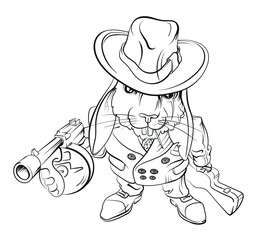 Hand drawn rabbit wearing jacket and hat with two guns in its paws.