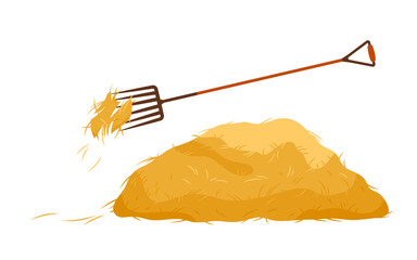 Hay heap and pitchfork for agricultural work vector illustration. Cartoon isolated vintage farm rake and yellow straw pile, dry summer grass of stable forage and fodder for animals on rural ranch