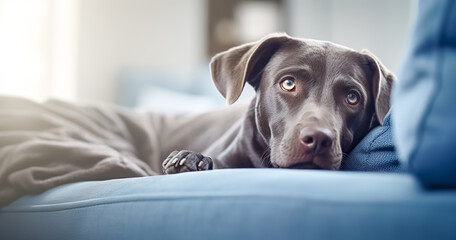 Obraz na płótnie Canvas Cute lovely chocolate Labrador on sofa in blue cozy living room at home