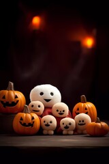 Autumn Halloween decorations wit a cute little felt toy pumpkins. Halloween Pumpkins on a dark background. Autumn Holiday Halloween. Generative AI