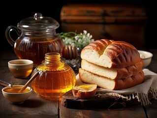Obraz na płótnie Canvas Lush fresh buns with honey and tea on the table. AI