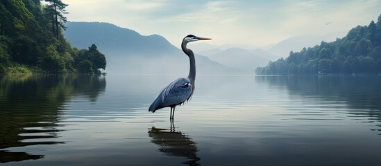 Digital artwork of a Vietnam lake and heron captures the essence of travel s vast knowledge With copyspace for text - Powered by Adobe