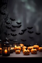 Autumn Halloween decorations wit a cute little felt toy pumpkins. Halloween Pumpkins on a dark background. Autumn Holiday Halloween. Generative AI