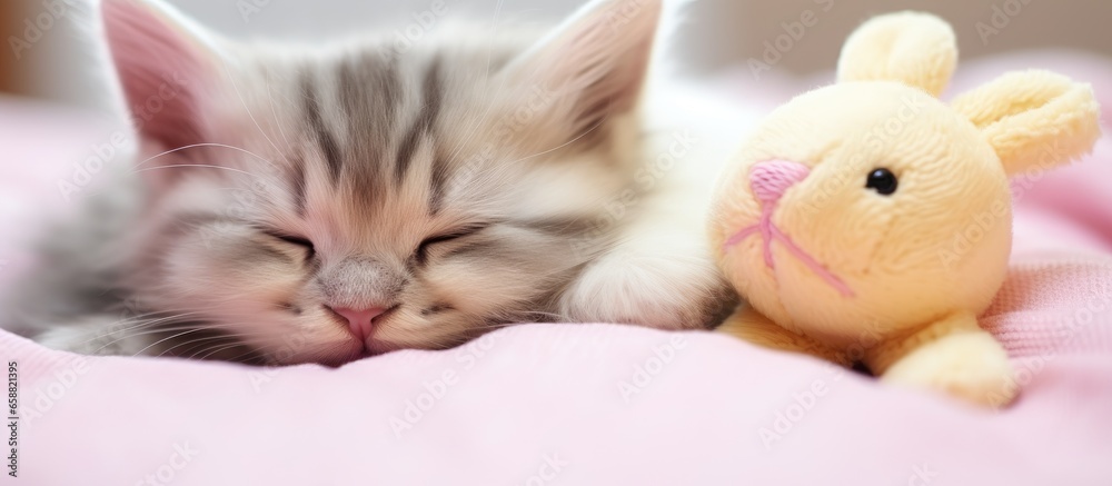 Poster Tabby kitten sleeping with toy bunny on cozy blanket