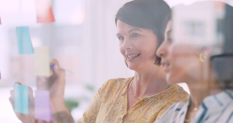 Business women, team writing and glass board for startup planning, marketing project and scrum or agile sticky notes. Happy creative employees with ideas and vision, goals or brainstorming on window
